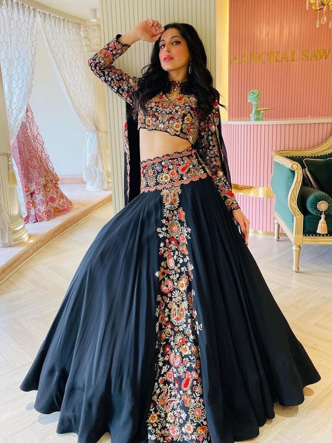 

ODETTE Embroidered Semi-Stitched Lehenga & Unstitched Blouse With Dupatta, Black