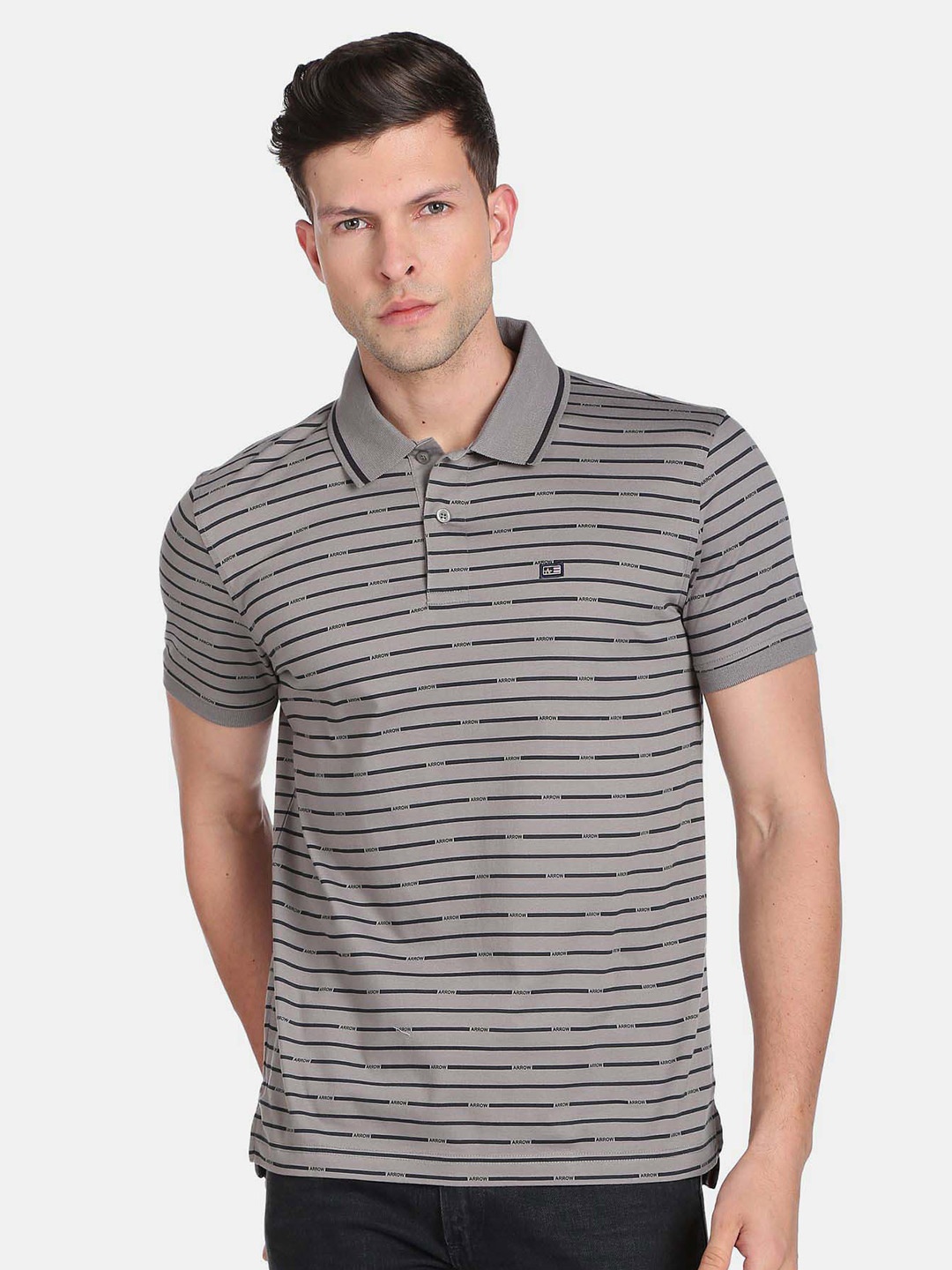 

Arrow Sport Men Striped Polo Collar Pure Cotton T-shirt, Grey