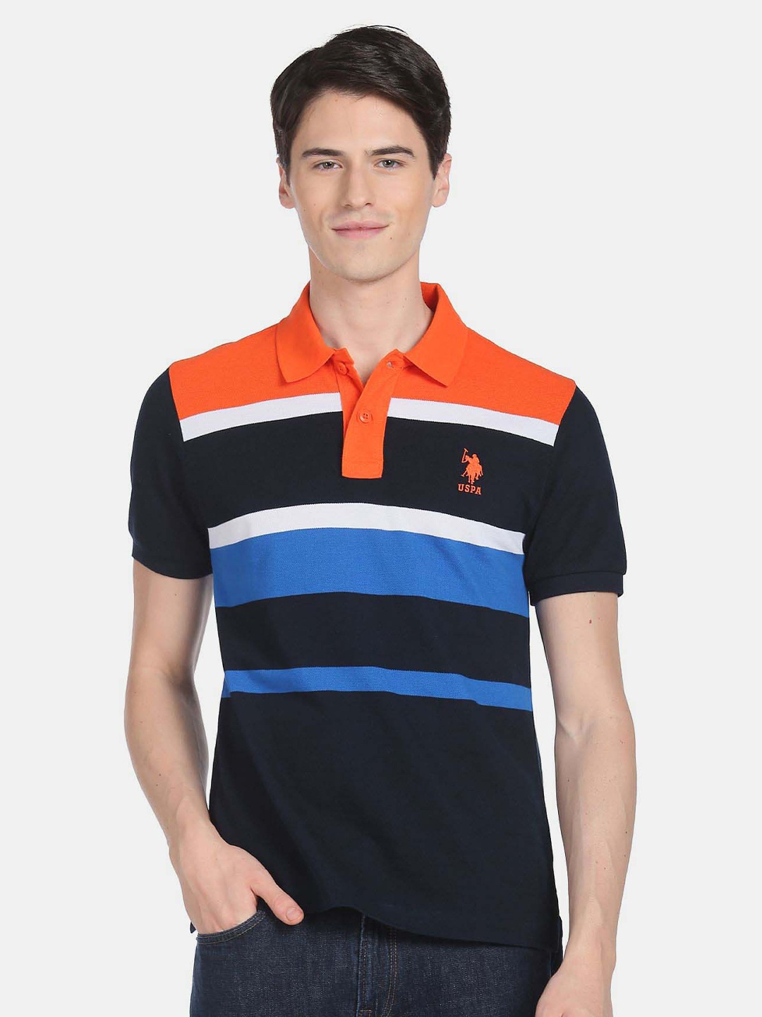 

U.S. Polo Assn. Men Striped Polo Collar Slim Fit Pure Cotton T-shirt, Black