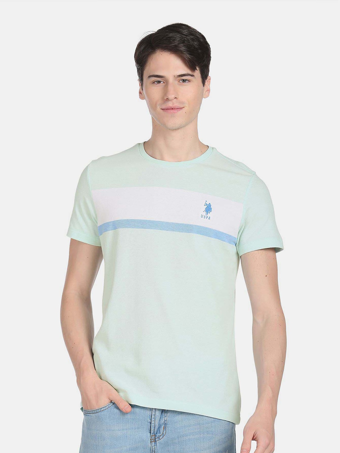 

U.S. Polo Assn. Men Striped Slim Fit Pure Cotton T-shirt, Sea green