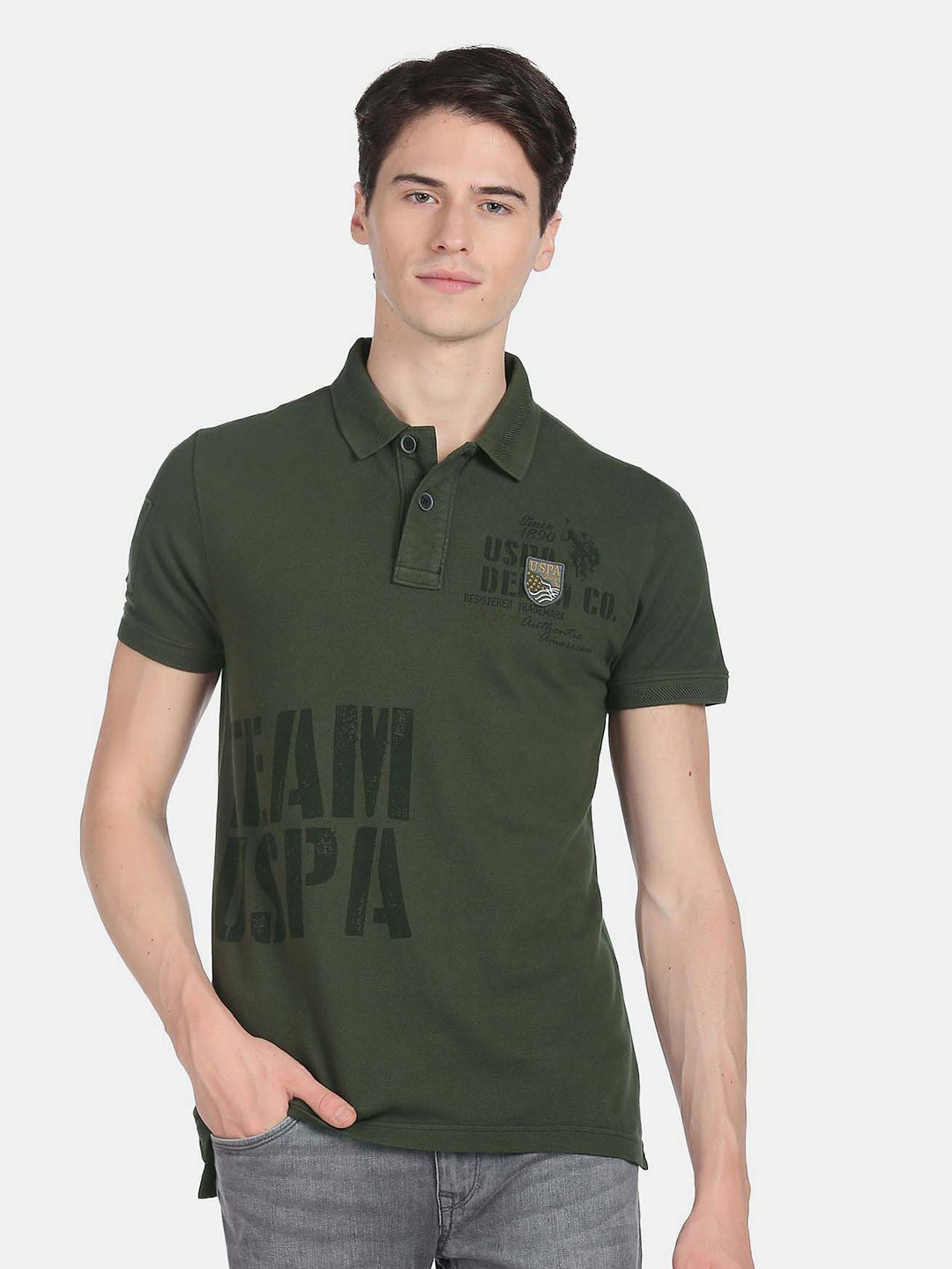 

U.S. Polo Assn. Denim Co. Men Typography Printed Polo Collar Pure Cotton Slim Fit T-shirt, Green