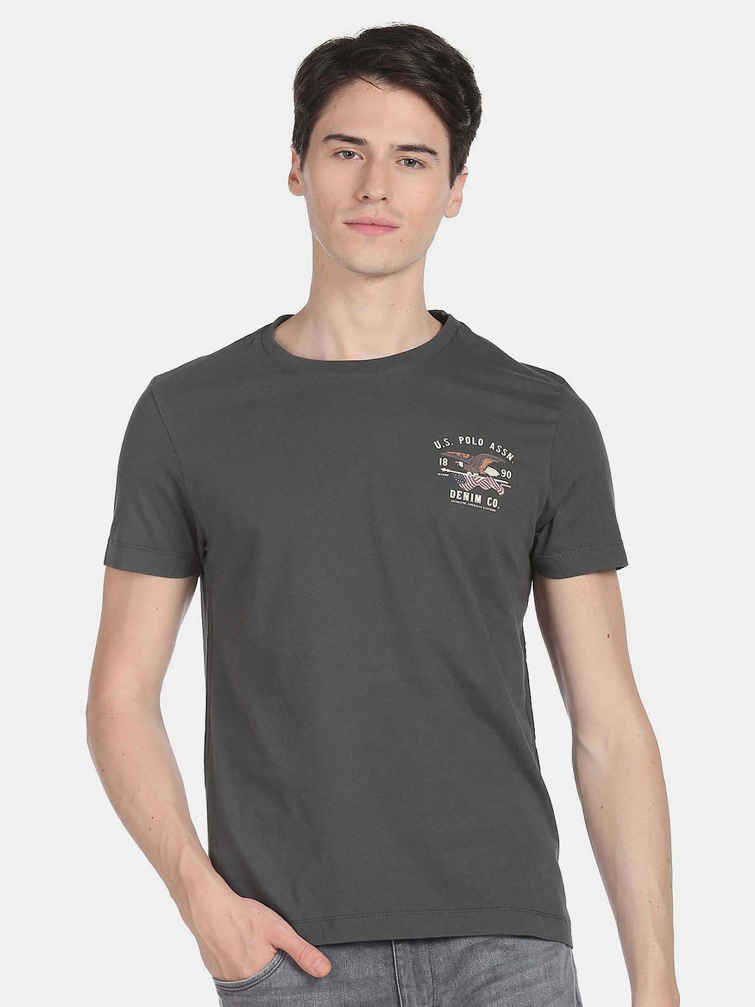 

U.S. Polo Assn. Denim Co. Men Printed Slim Fit Pure Cotton T-shirt, Grey