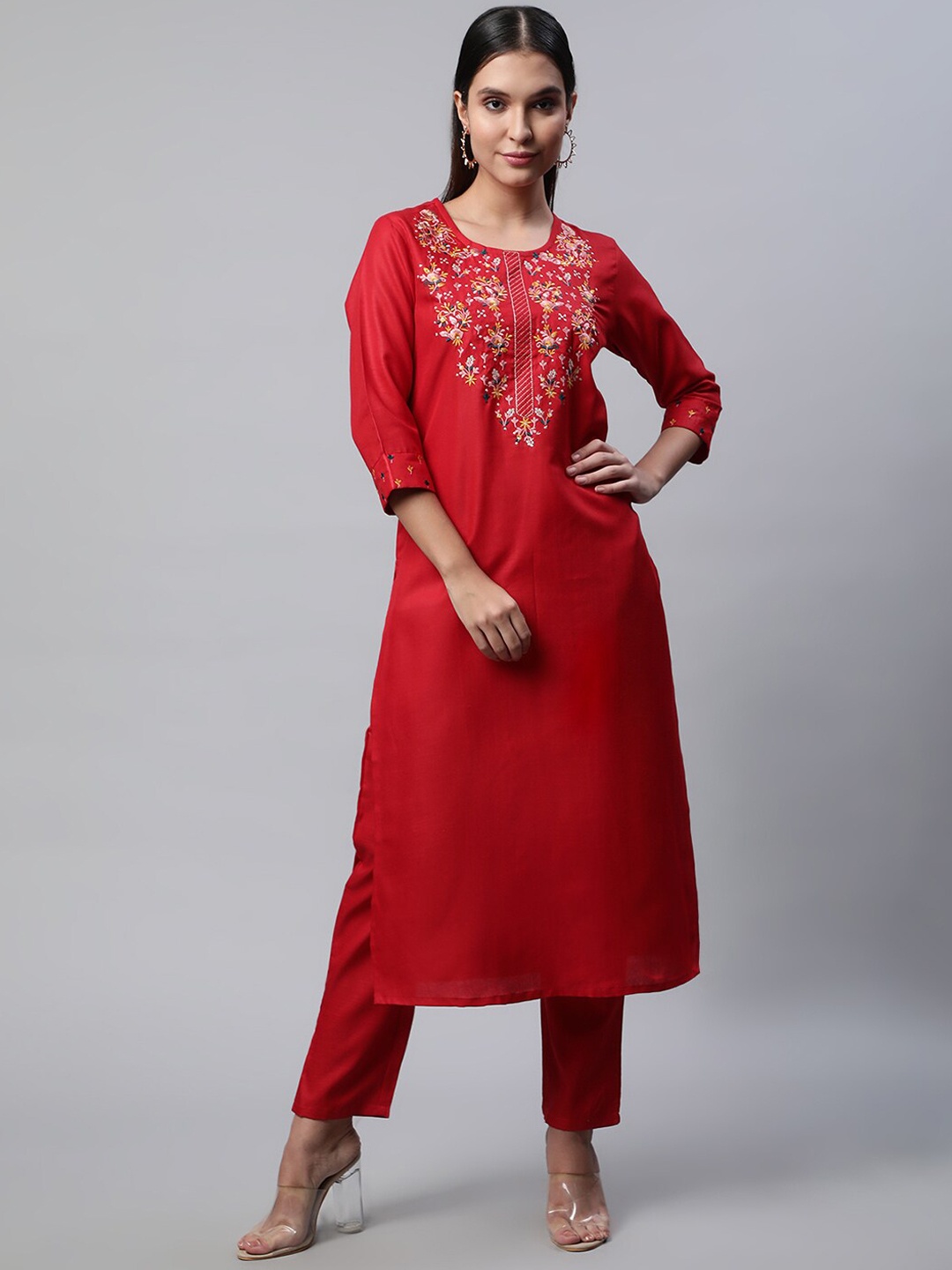 

Sringam Women Floral Yoke Design Thread Work Kurta with Trousers, Red