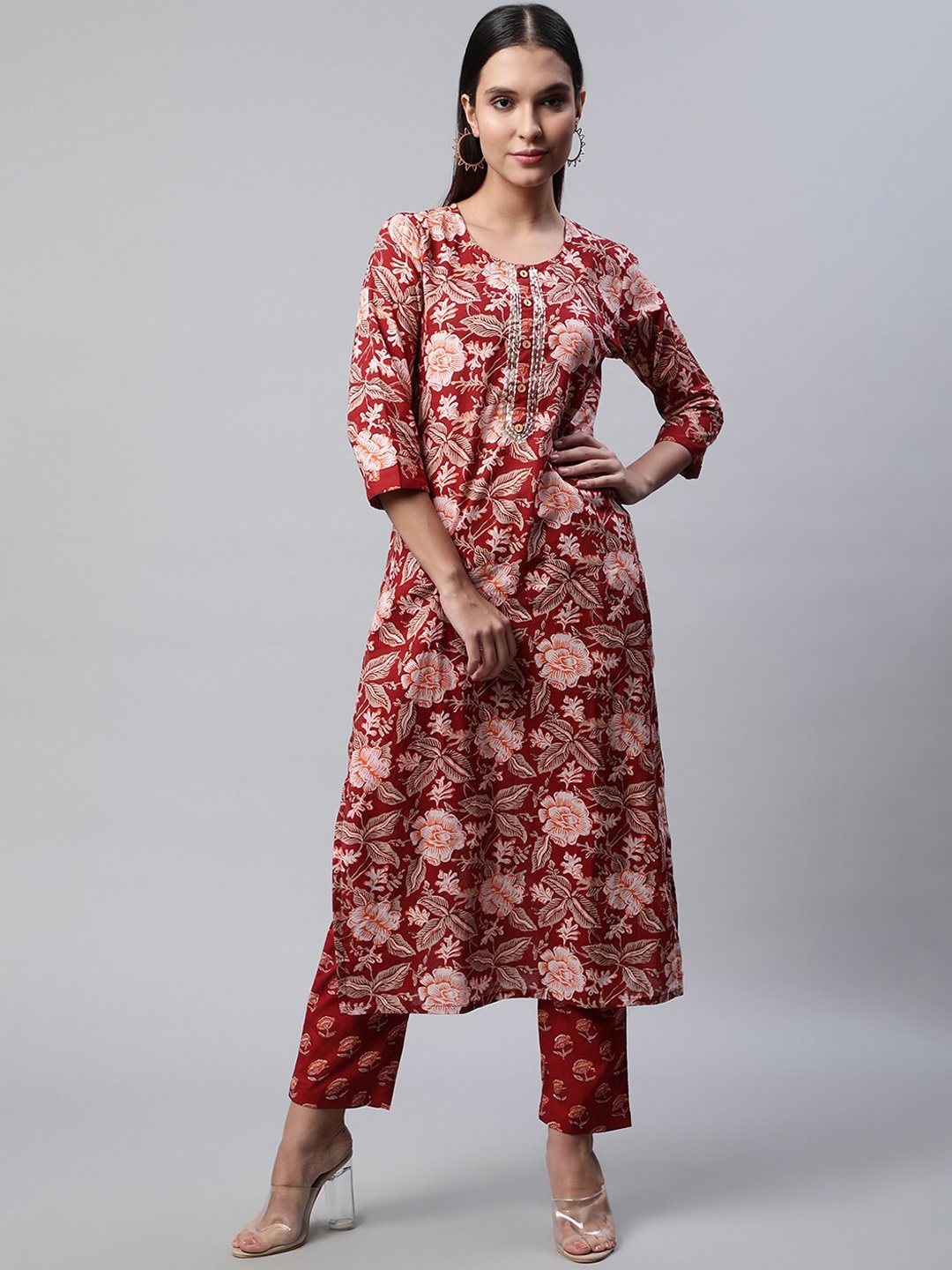 

Sringam Women Floral Printed Pure Cotton Kurta with Trousers, Red