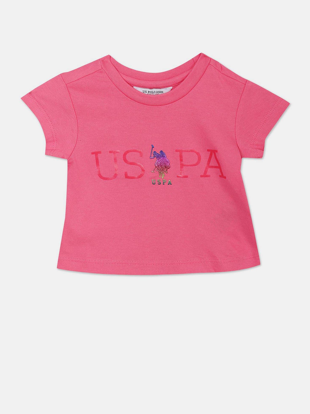 

U.S. Polo Assn. Kids Girls Brand Logo Printed Pure Cotton T-shirt, Pink