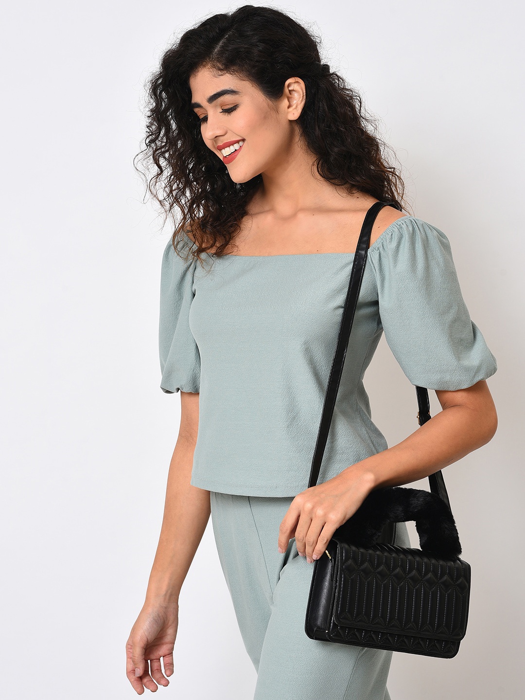 

HAUTE SAUCE by Campus Sutra Black Textured PU Structured Satchel with Quilted