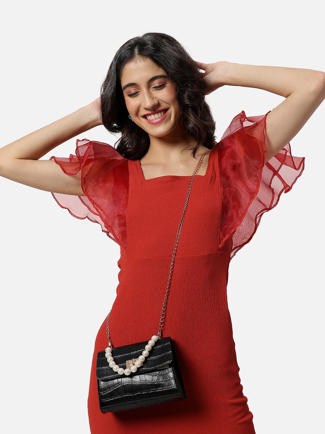 

HAUTE SAUCE by Campus Sutra Textured PU Structured Sling Bag, Black
