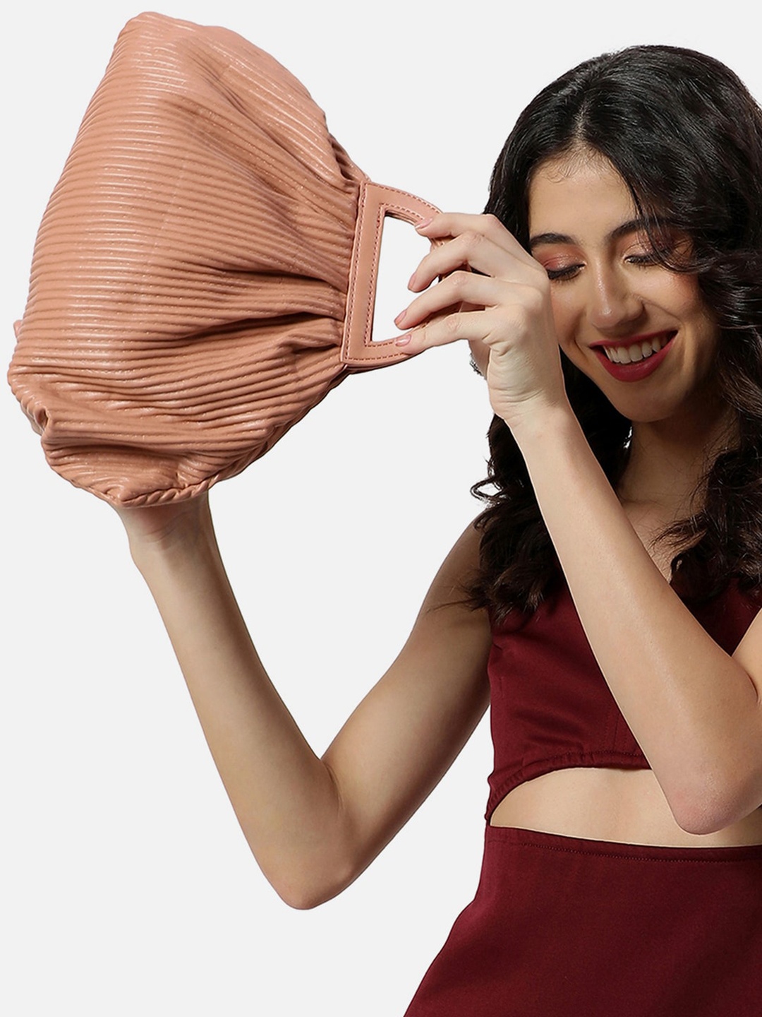 

HAUTE SAUCE by Campus Sutra Textured Structured Handheld Bag, Peach