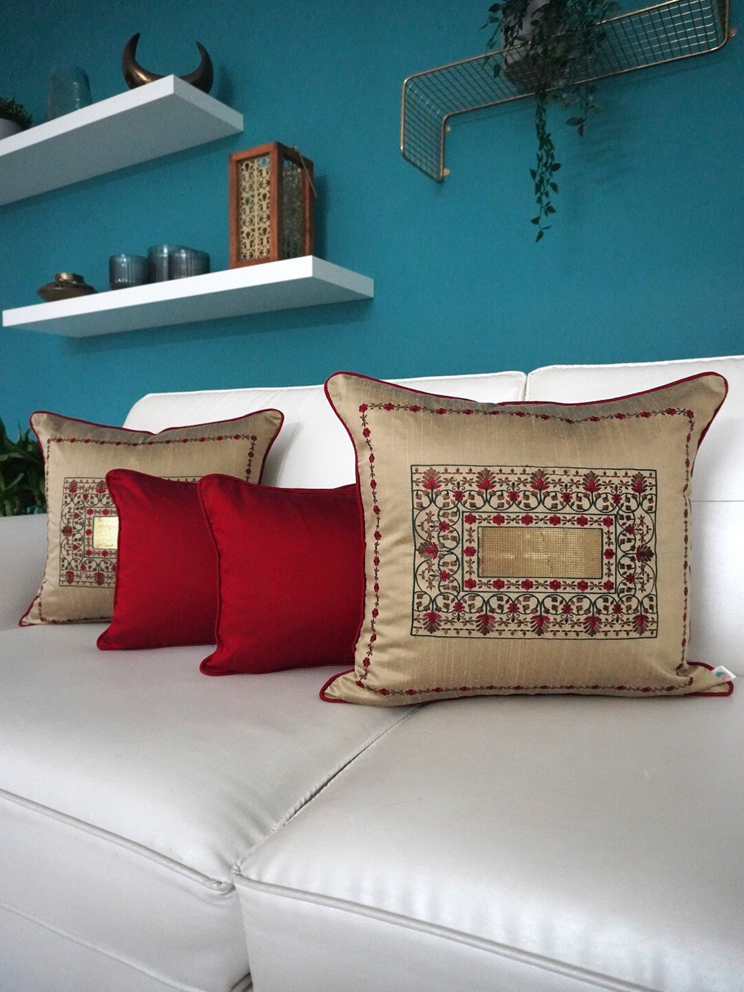 

TARA- Sparkling Homes Beige & Red Set of 4 Floral Embroidered Square Cushion Covers