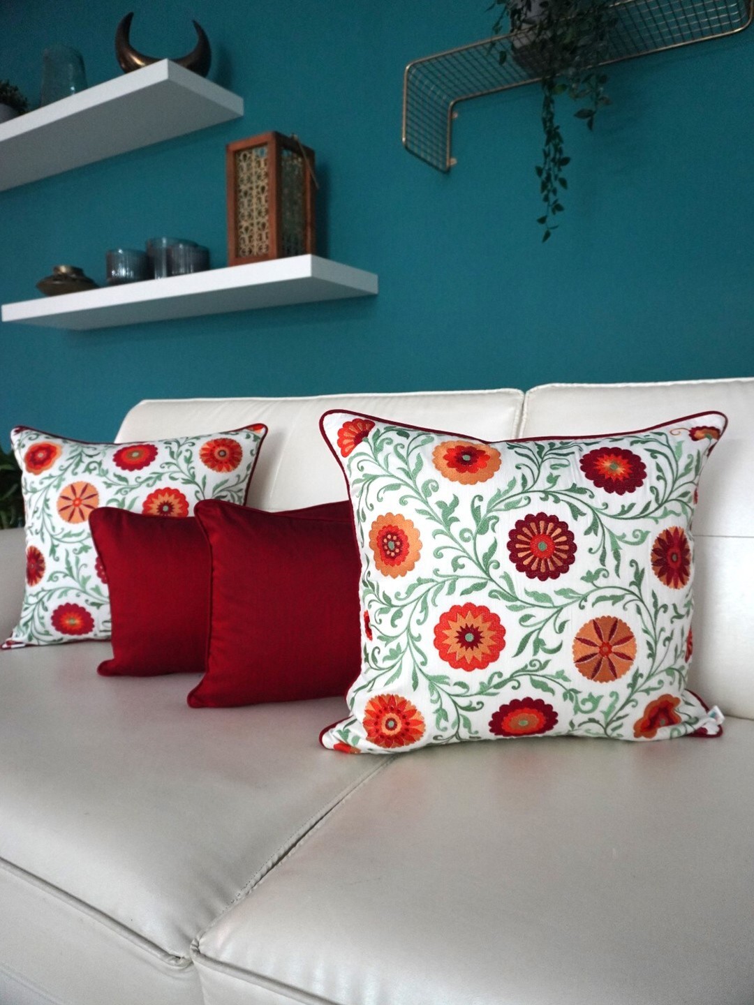 

TARA- Sparkling Homes White & Maroon Set of 4 Floral Embroidered Square Cushion Covers