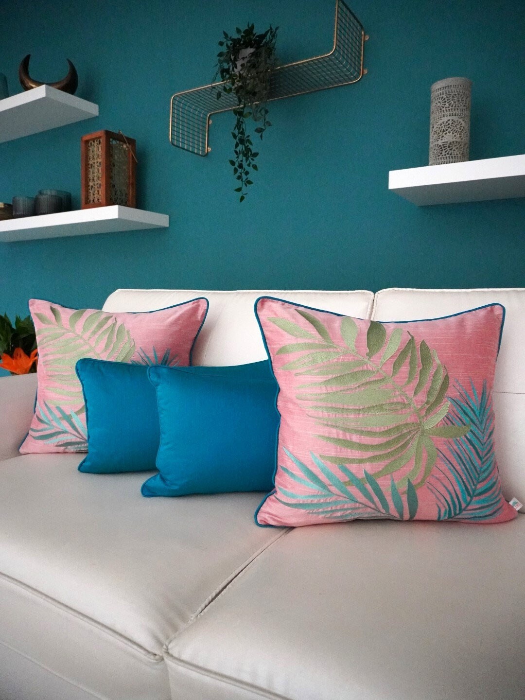 

TARA- Sparkling Homes Pink & Blue Set of 4 Leaf Embroidered Square Cushion Covers