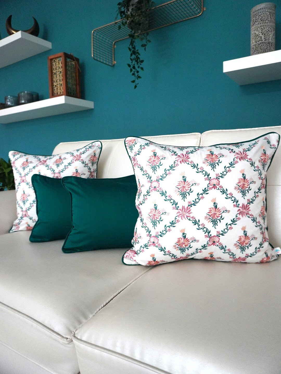 

TARA- Sparkling Homes White & Pink Set of 4 Floral Embroidered Square Cushion Covers