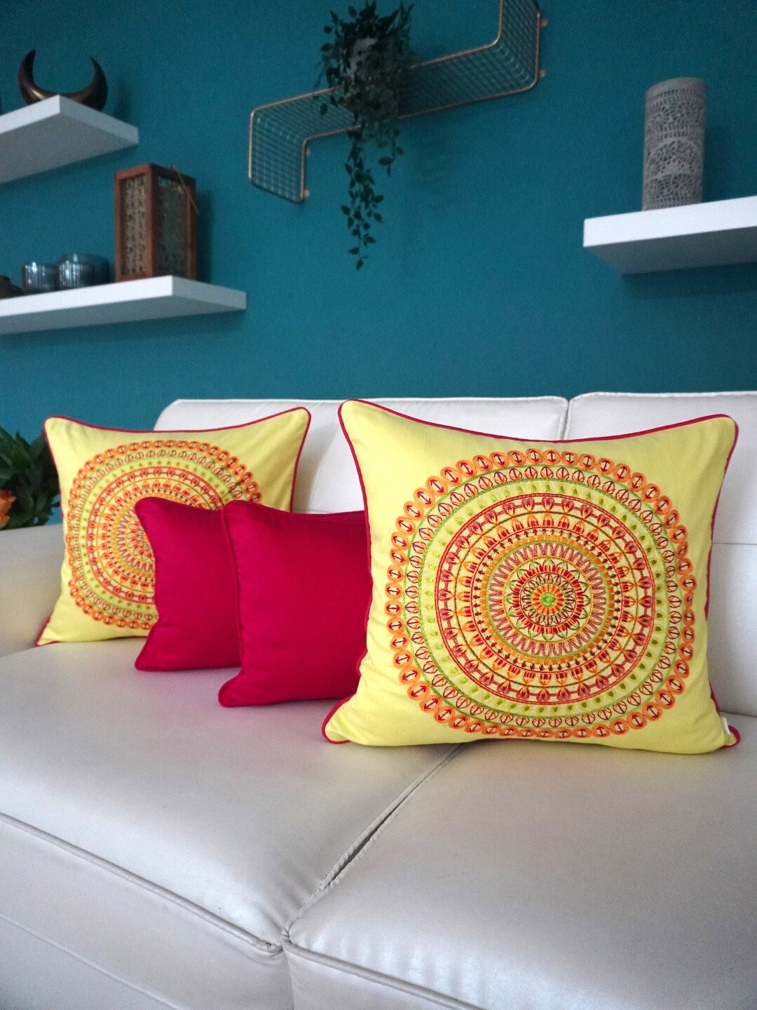 

TARA- Sparkling Homes Yellow & Red Set of 4 Floral Embroidered Square Cushion Covers