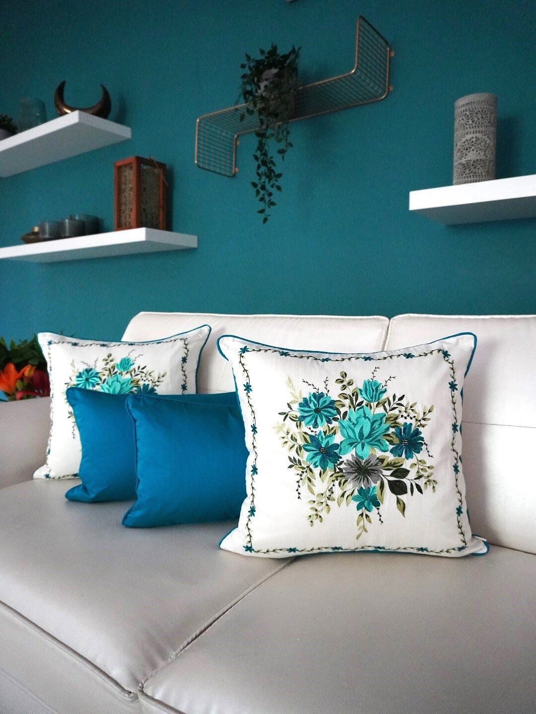 

TARA- Sparkling Homes White & Blue Set of 4 Floral Embroidered Square Cushion Covers