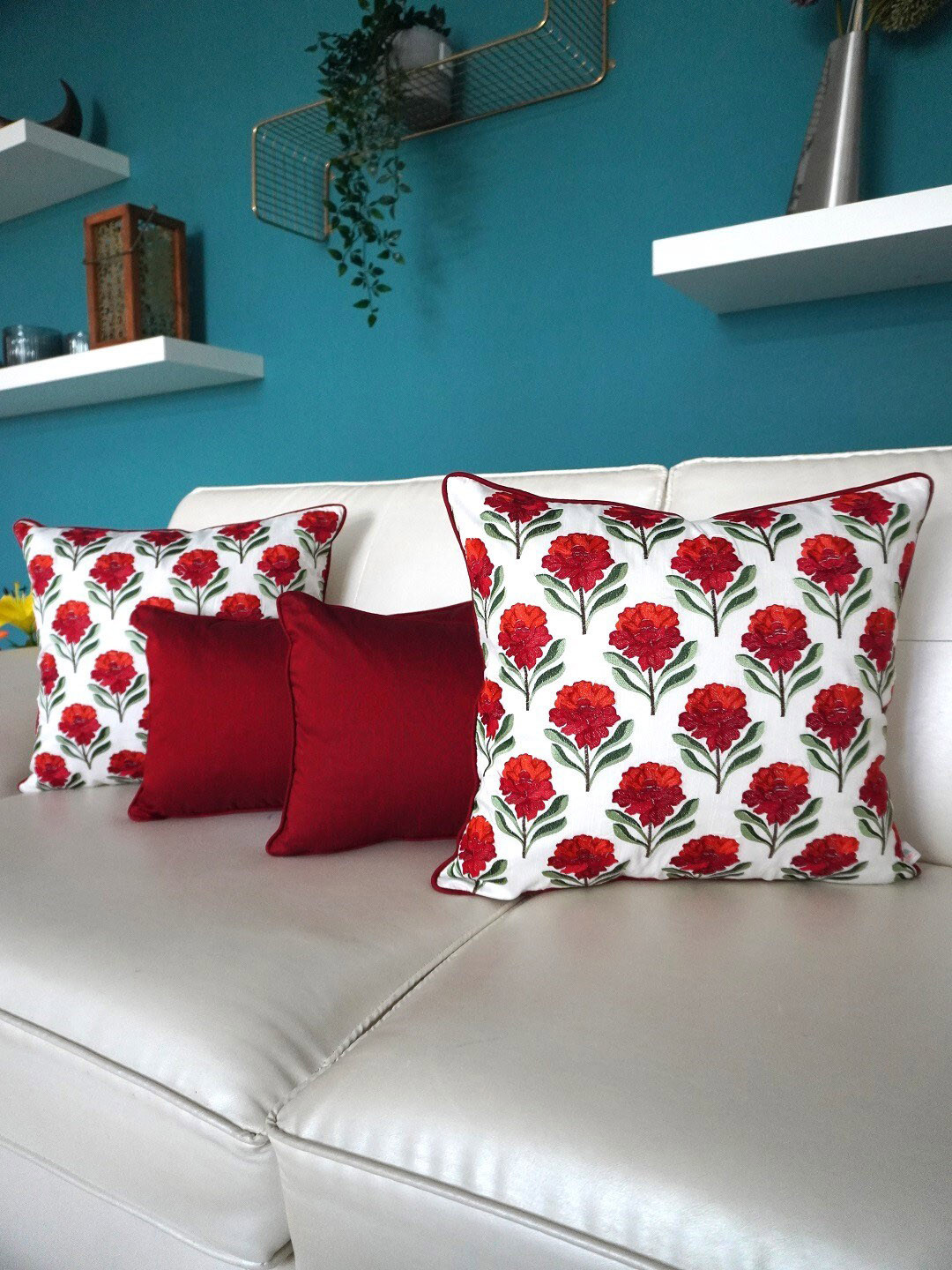

TARA- Sparkling Homes White & Maroon 4 Piece Floral Embroidered Square Cushion Covers