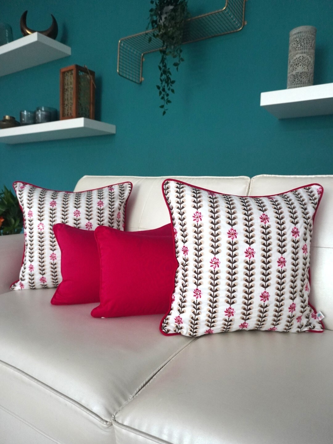 

TARA- Sparkling Homes White & Brown Set of 4 Floral Embroidered Square Cushion Covers