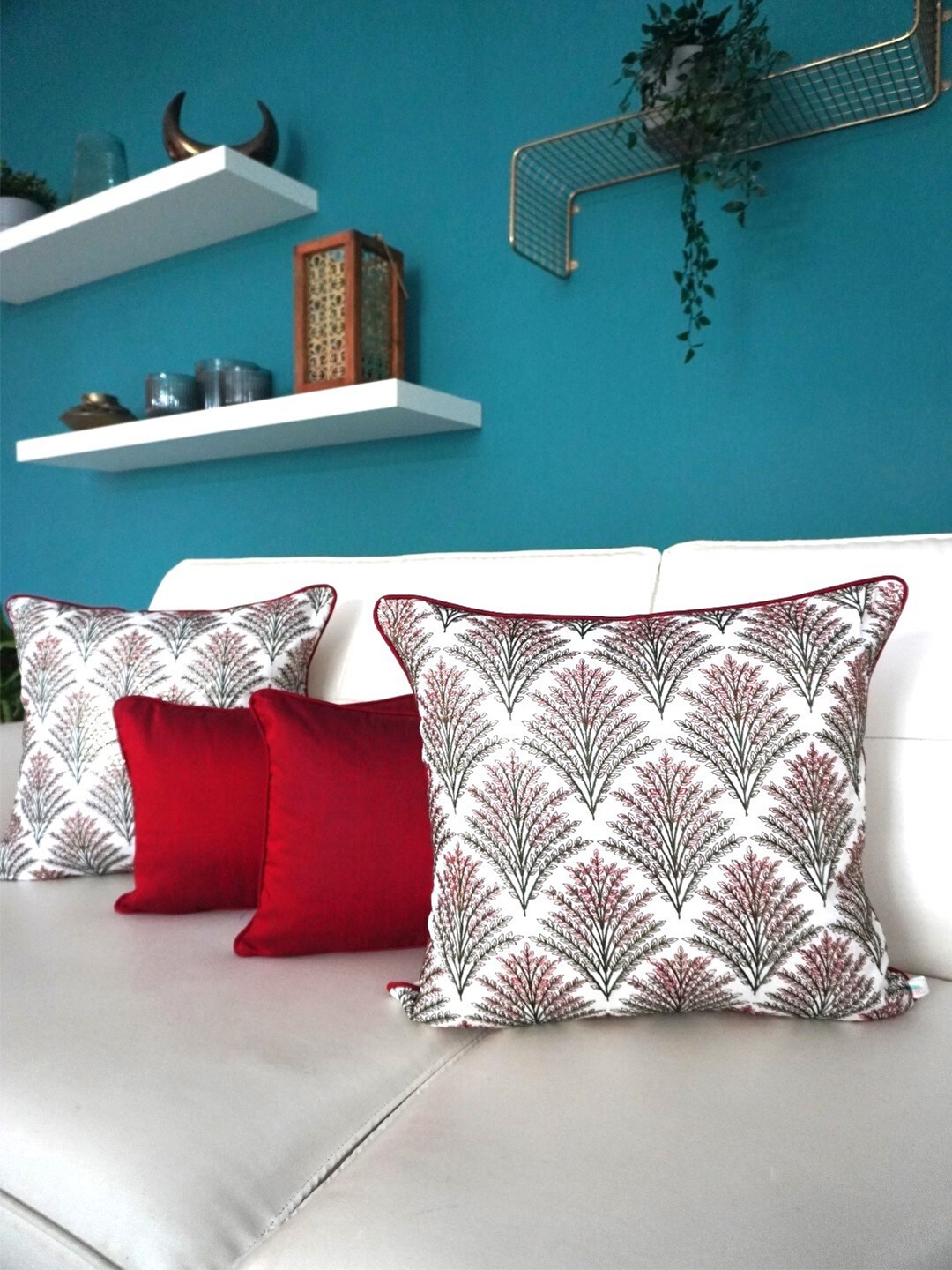 

TARA- Sparkling Homes White & Maroon Set of 4 Floral Embroidered Square Cushion Covers