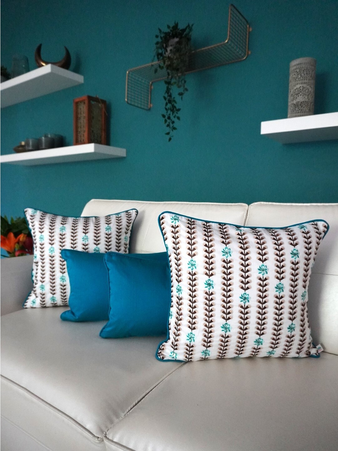 

TARA- Sparkling Homes White & Blue Set of 4 Floral Embroidered Square Cushion Covers