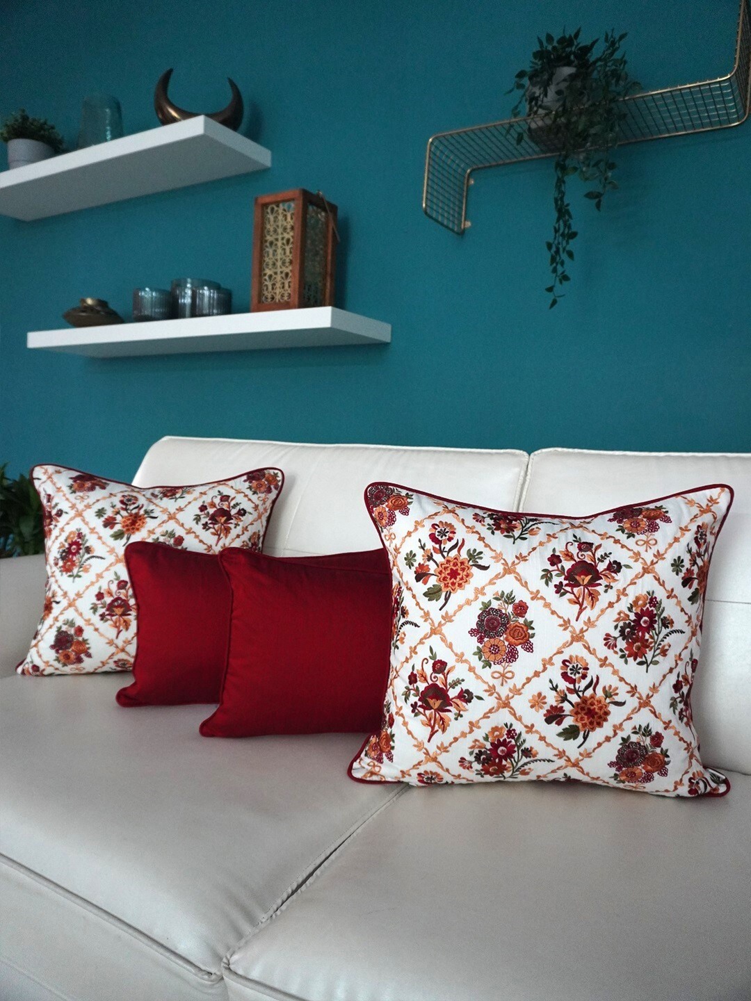 

TARA- Sparkling Homes White & Maroon Set of 4 Floral Embroidered Square Cushion Covers
