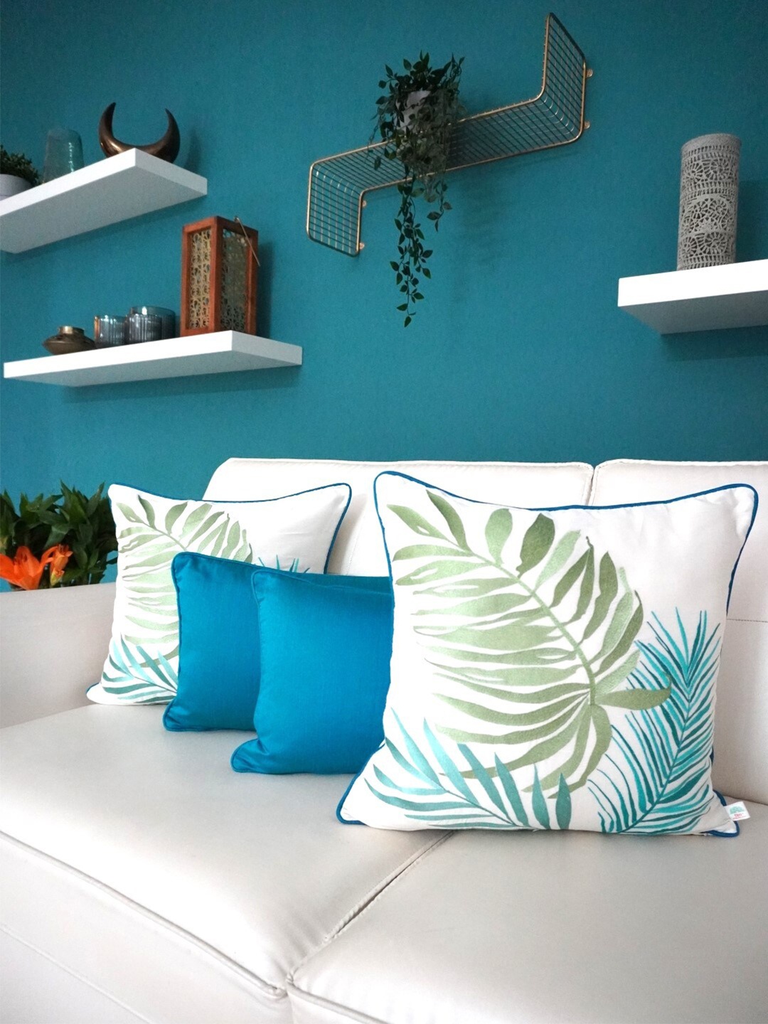 

TARA- Sparkling Homes White & Blue Set of 4 Embroidered Square Cushion Covers
