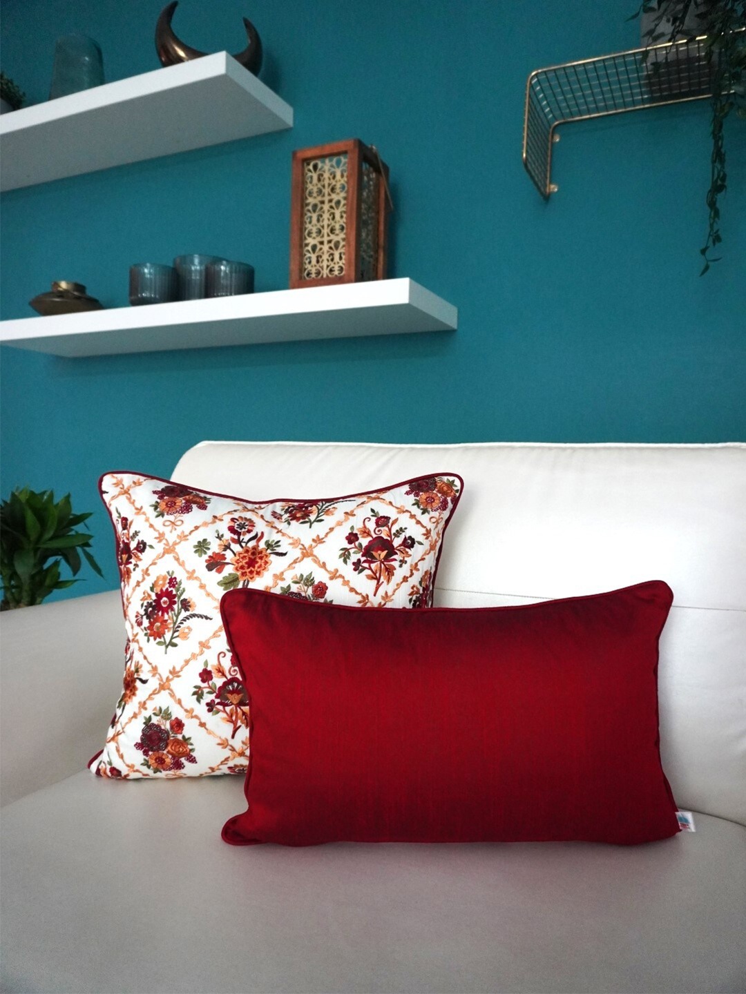 

TARA- Sparkling Homes White & Maroon Set of 4 Floral Embroidered Square Cushion Covers