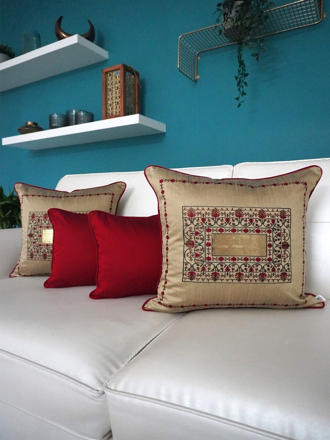 

TARA- Sparkling Homes Gold-Toned & Maroon Set of 4 Floral Embroidered Cushion Covers