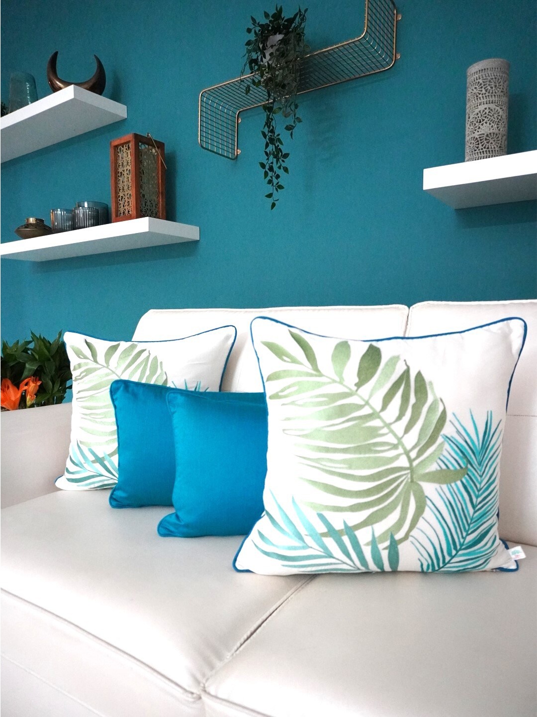 

TARA- Sparkling Homes White & Blue Set of 4 Embroidered Square Cushion Covers
