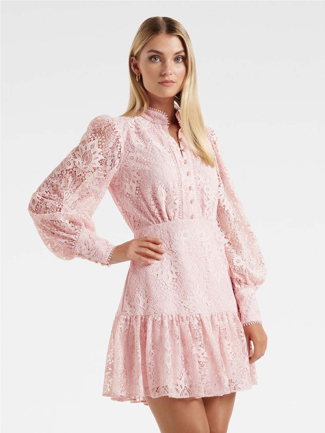 

Forever New Mandarin Collar Lace Mini Dress, Pink