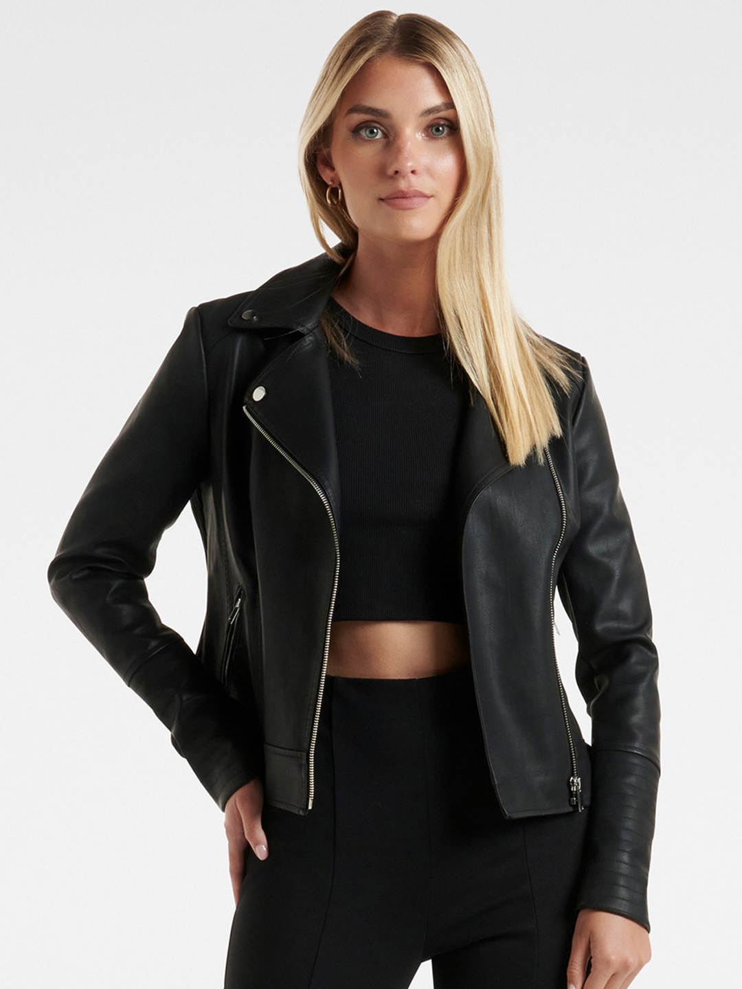 

Forever New Women Crop Biker Jacket, Black