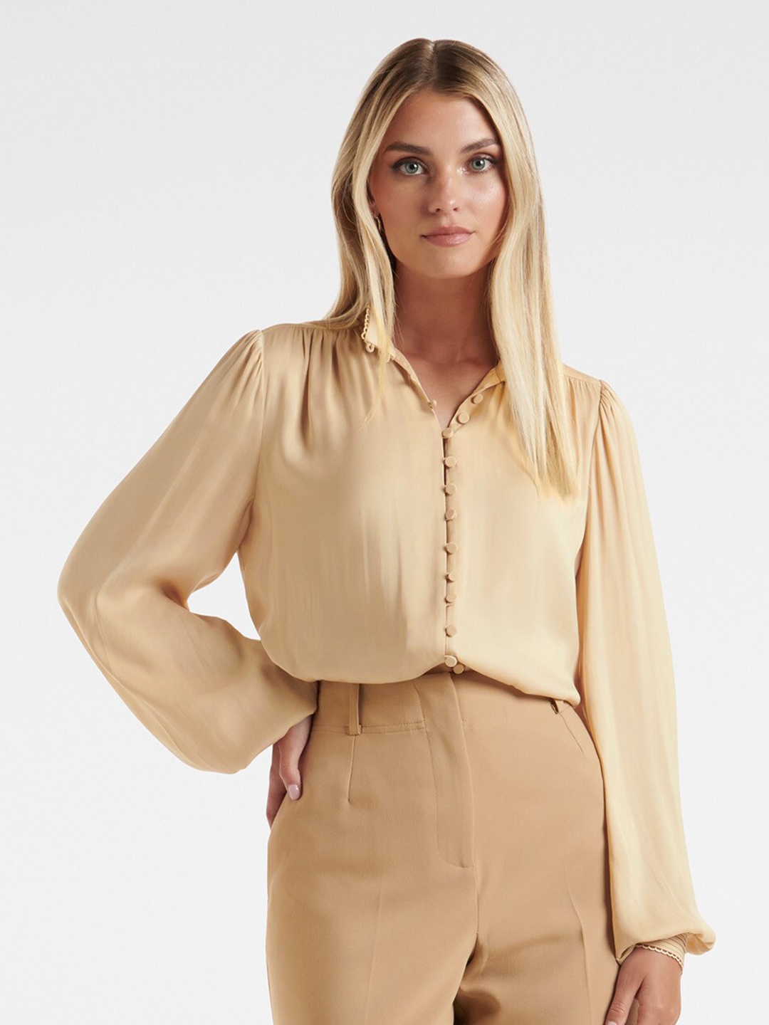 

Forever New Mandarin Collar Shirt Style Top, Beige