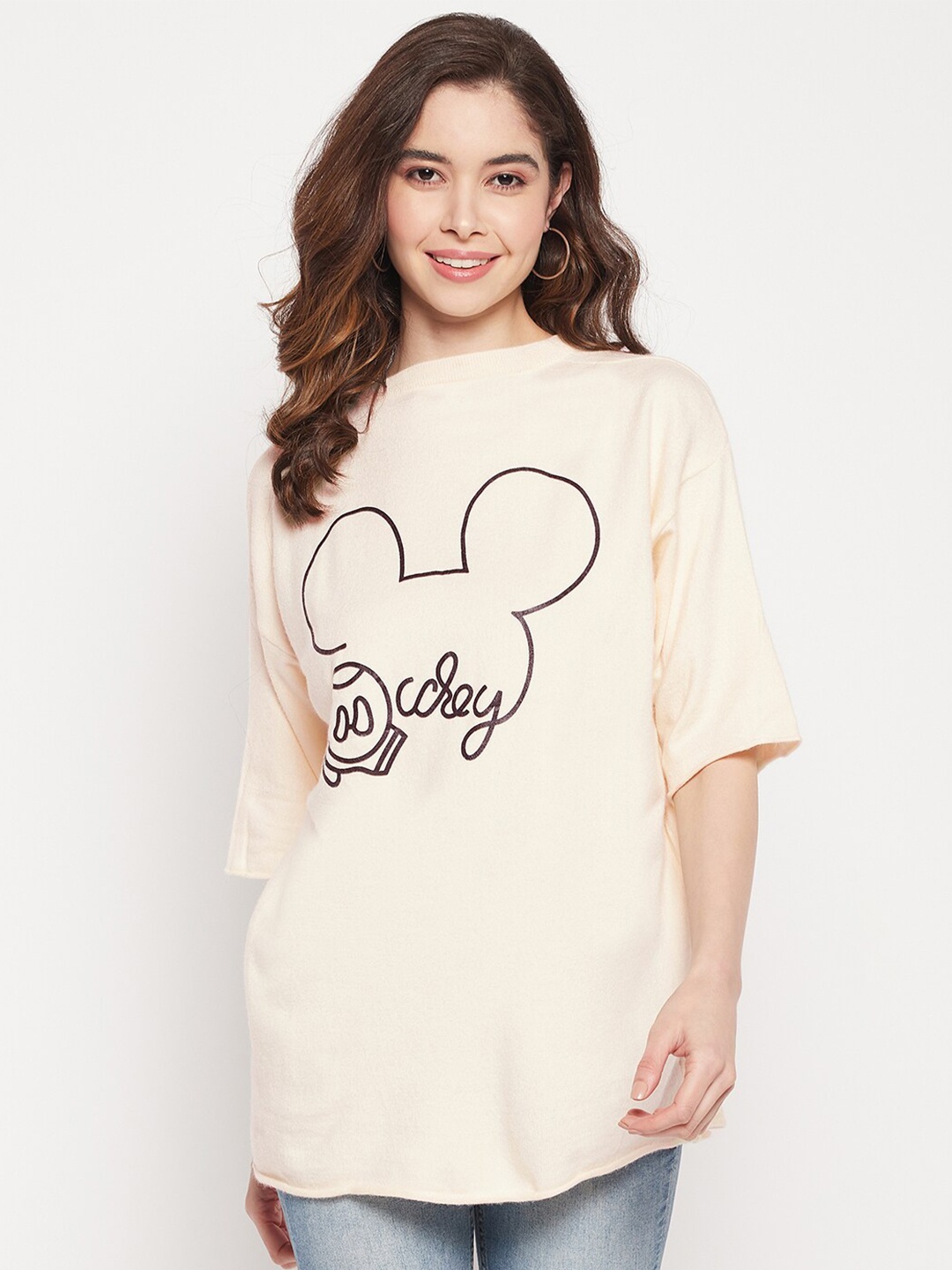 

Camey Printed Longline Wool Top, Cream