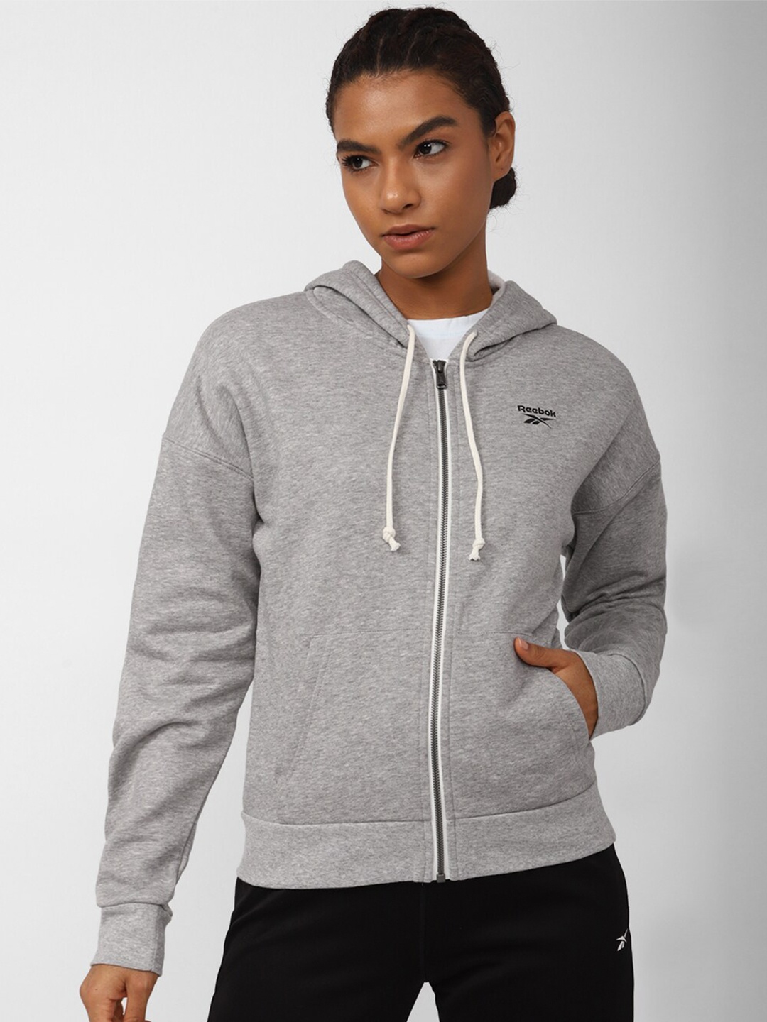 

Reebok Women Training Essentials Full Zip Hooded Sweatshirt, Grey