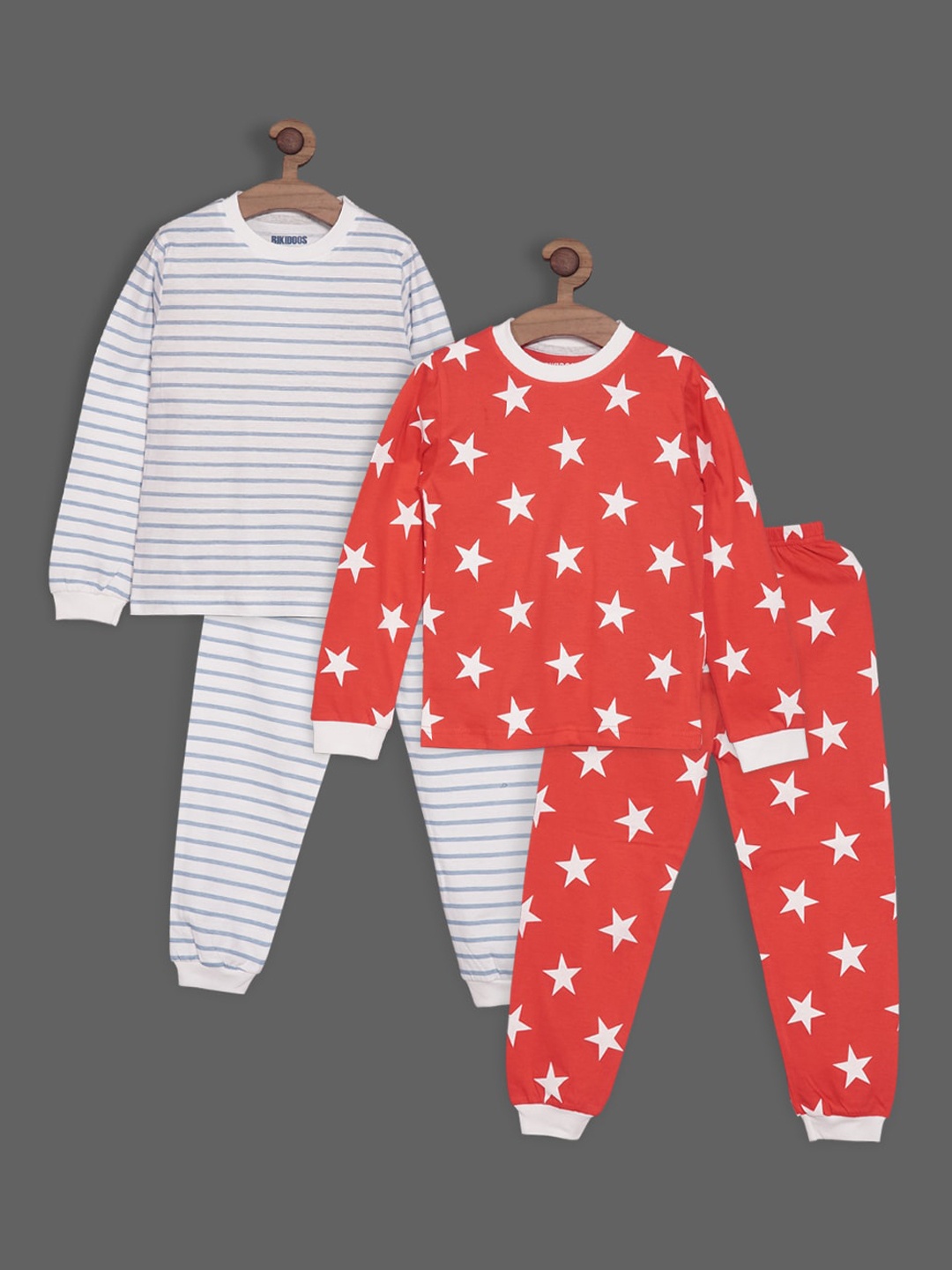 

RIKIDOOS Boys Pack Of 2 4 Pieces Striped Pure Cotton Night suit, White