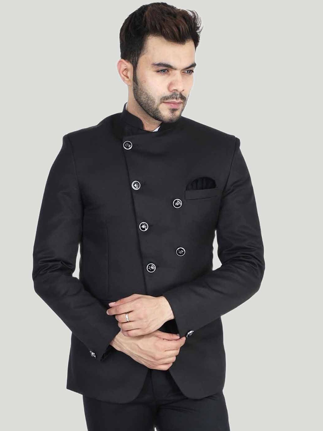 

TAHVO Men Slim-Fit Double-Breasted Bandhgala Blazer, Black