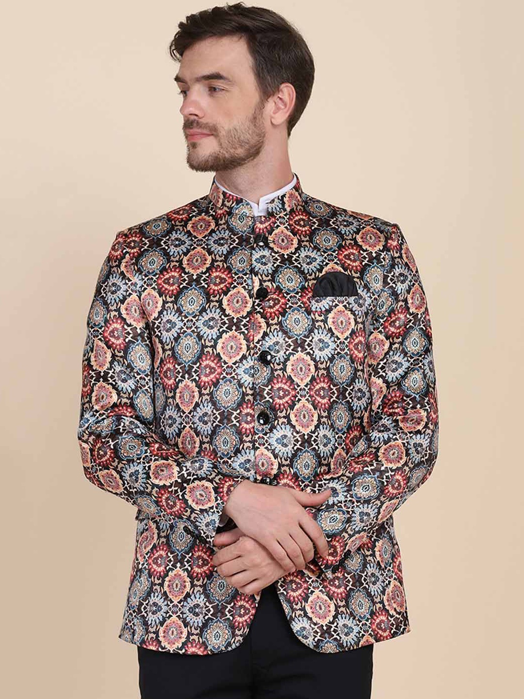 

TAHVO Men Ethnic Motifs Printed Bandhgala Slim-Fit Blazer, Blue