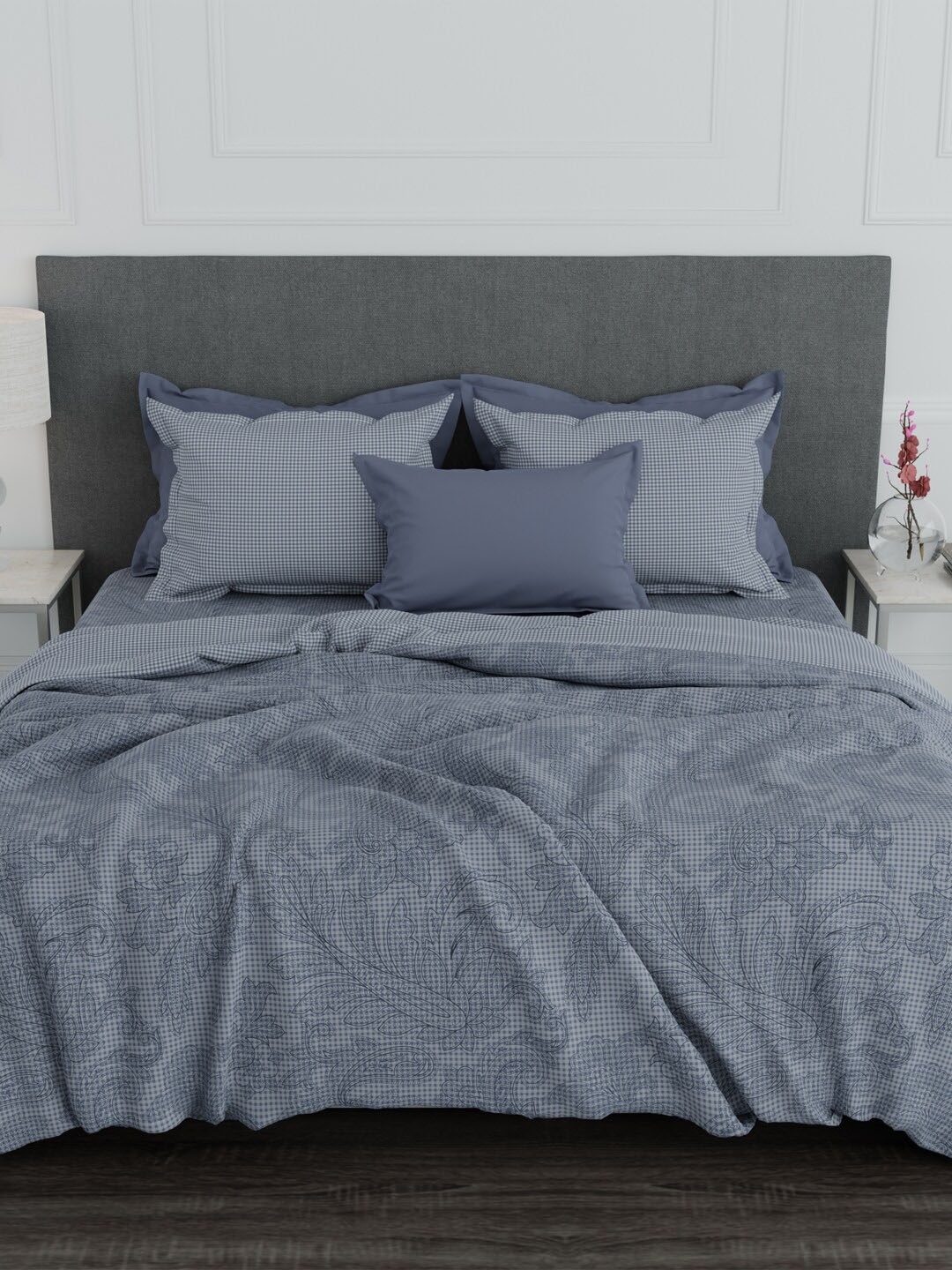 

MYTRIDENT Everyday 4 Pcs Navy Blue Printed 150 GSM Pure Cotton Double King Bedding Set