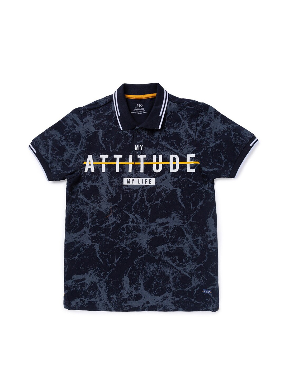 

Status Quo Boys Typography Printed Polo Collar Cotton T-shirt, Navy blue