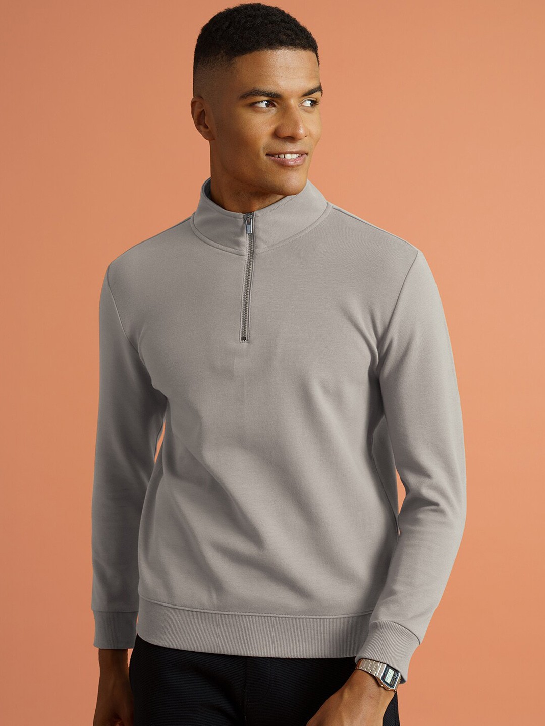 

DAMENSCH Premium Cotton Regular Fit High Neck Half Zip Sweatshirt, Grey