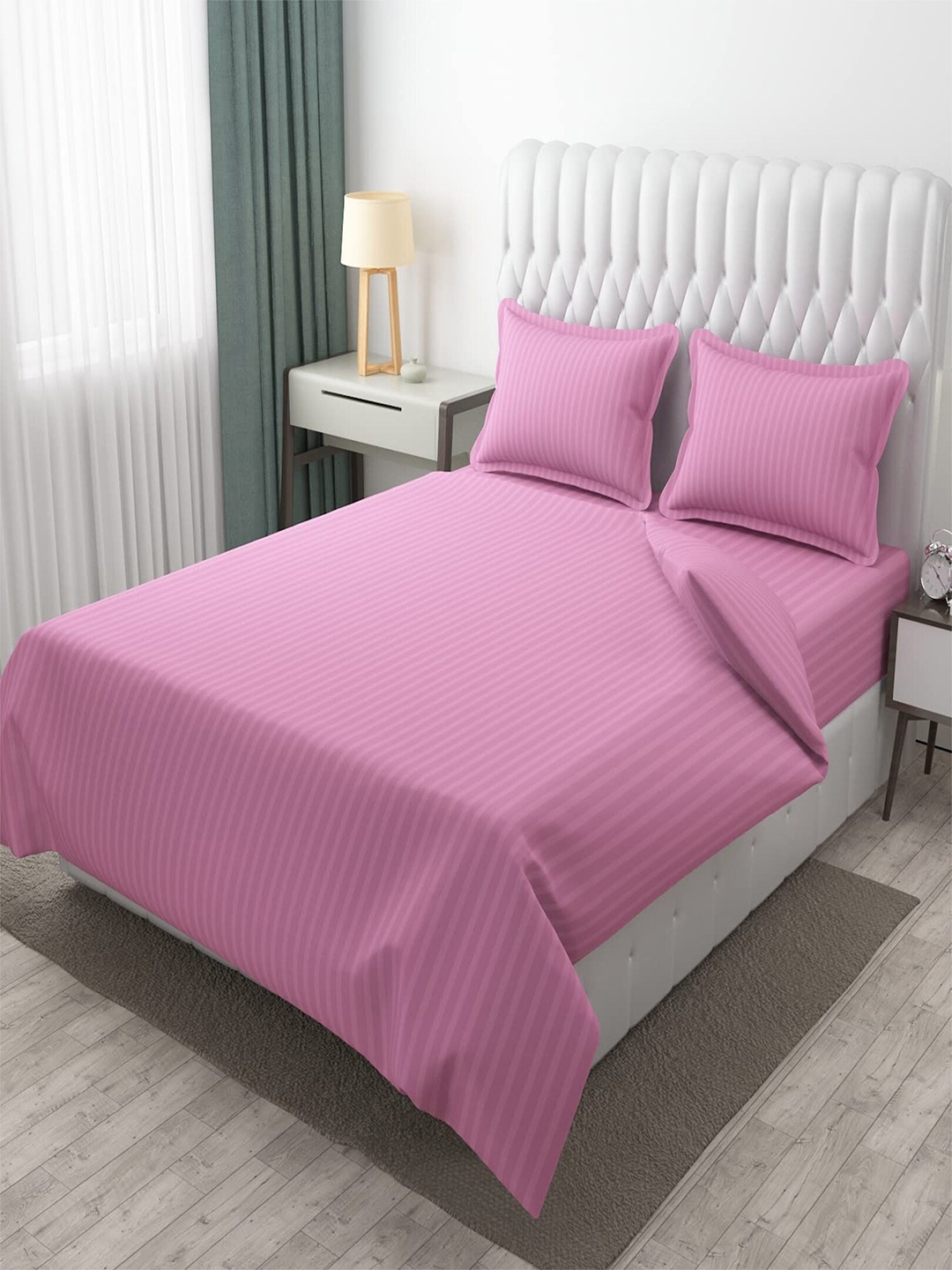 

Hammer Home Pink Striped 200 TC King Bedsheet with 2 Pillow Covers