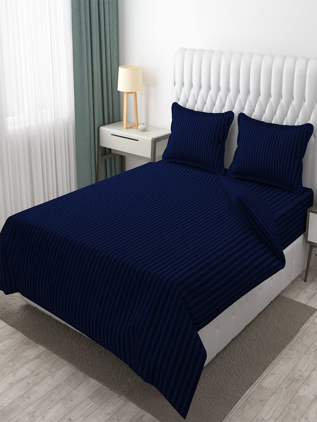 

Hammer Home Navy Blue Striped 200 TC King Bedsheet with 2 Pillow Covers