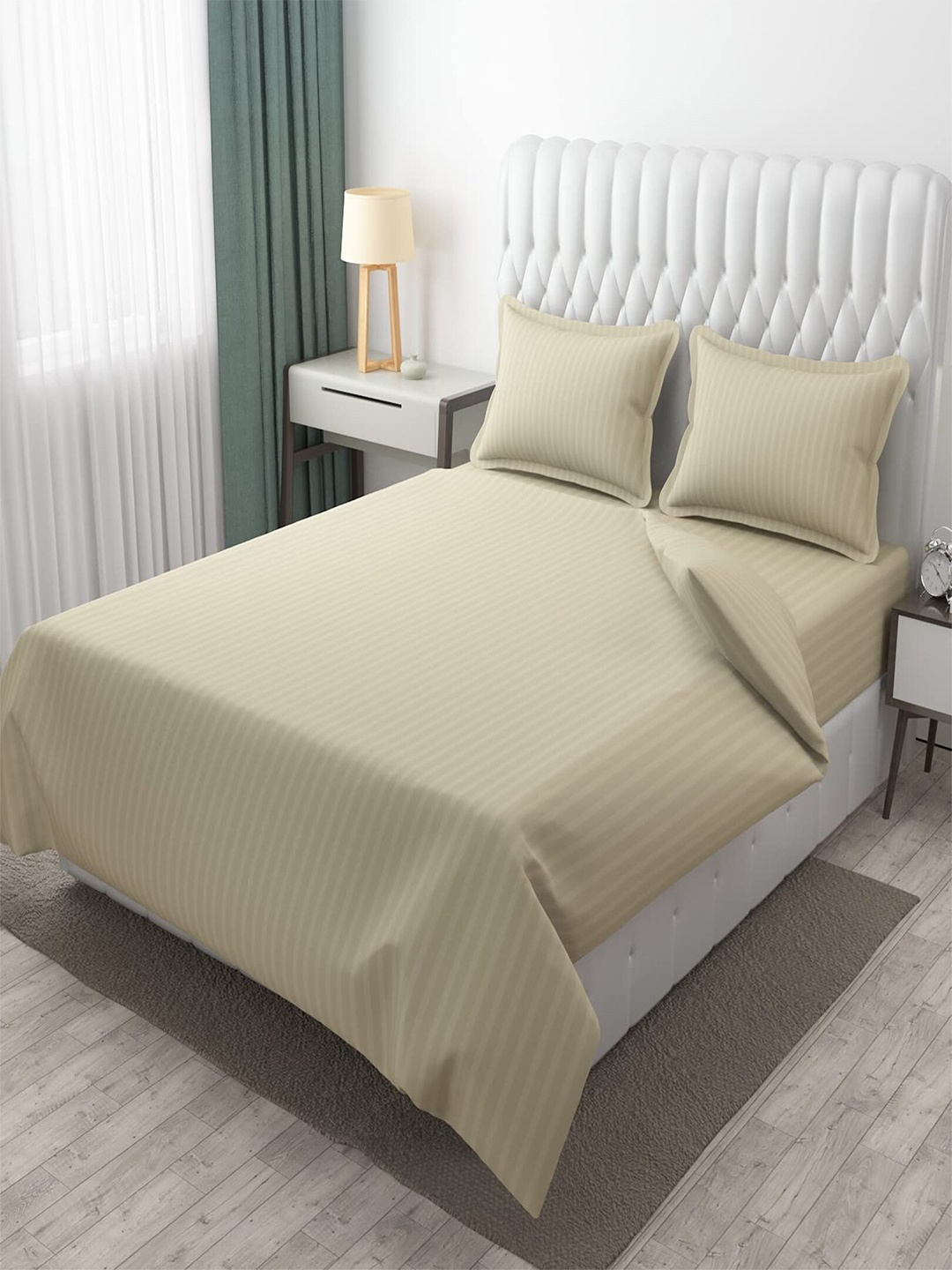 

Hammer Home Beige Striped 200 TC King Bedsheet with 2 Pillow Covers