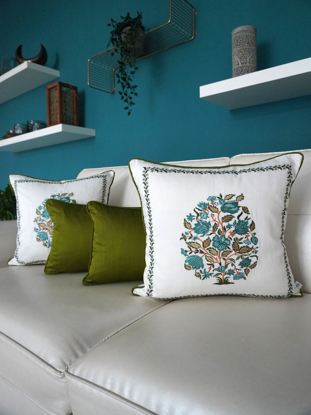 

TARA- Sparkling Homes White & Blue Set of 4 Floral Embroidered Square Cushion Covers