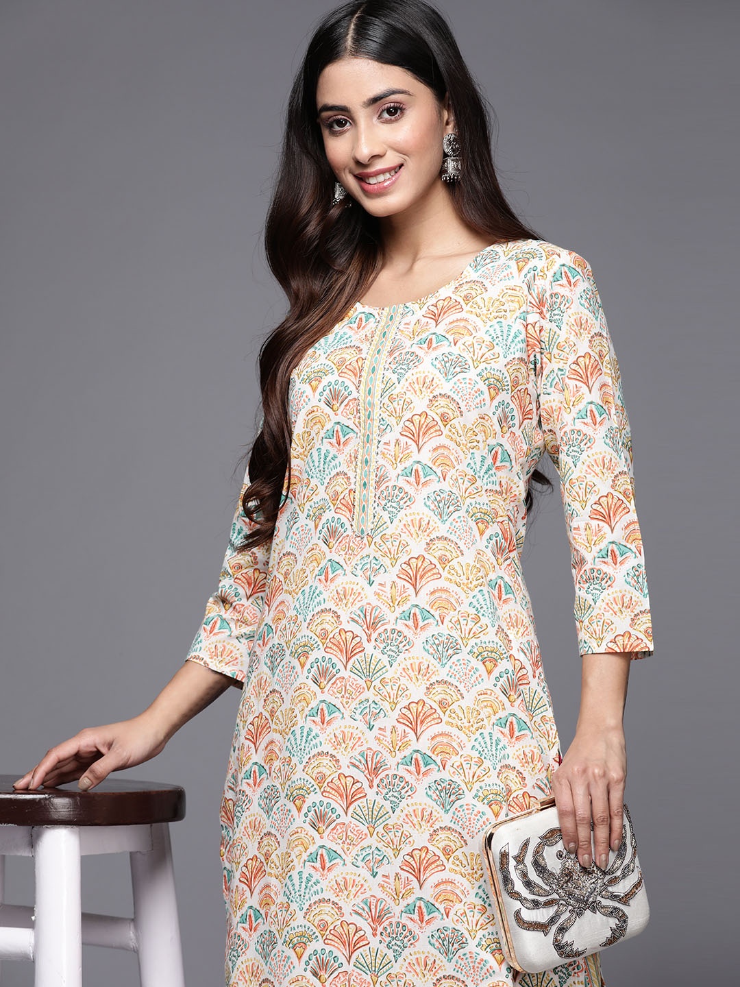 

Varanga Women Printed Gotta Patti Pure Cotton Kurta With Trousers, Cream