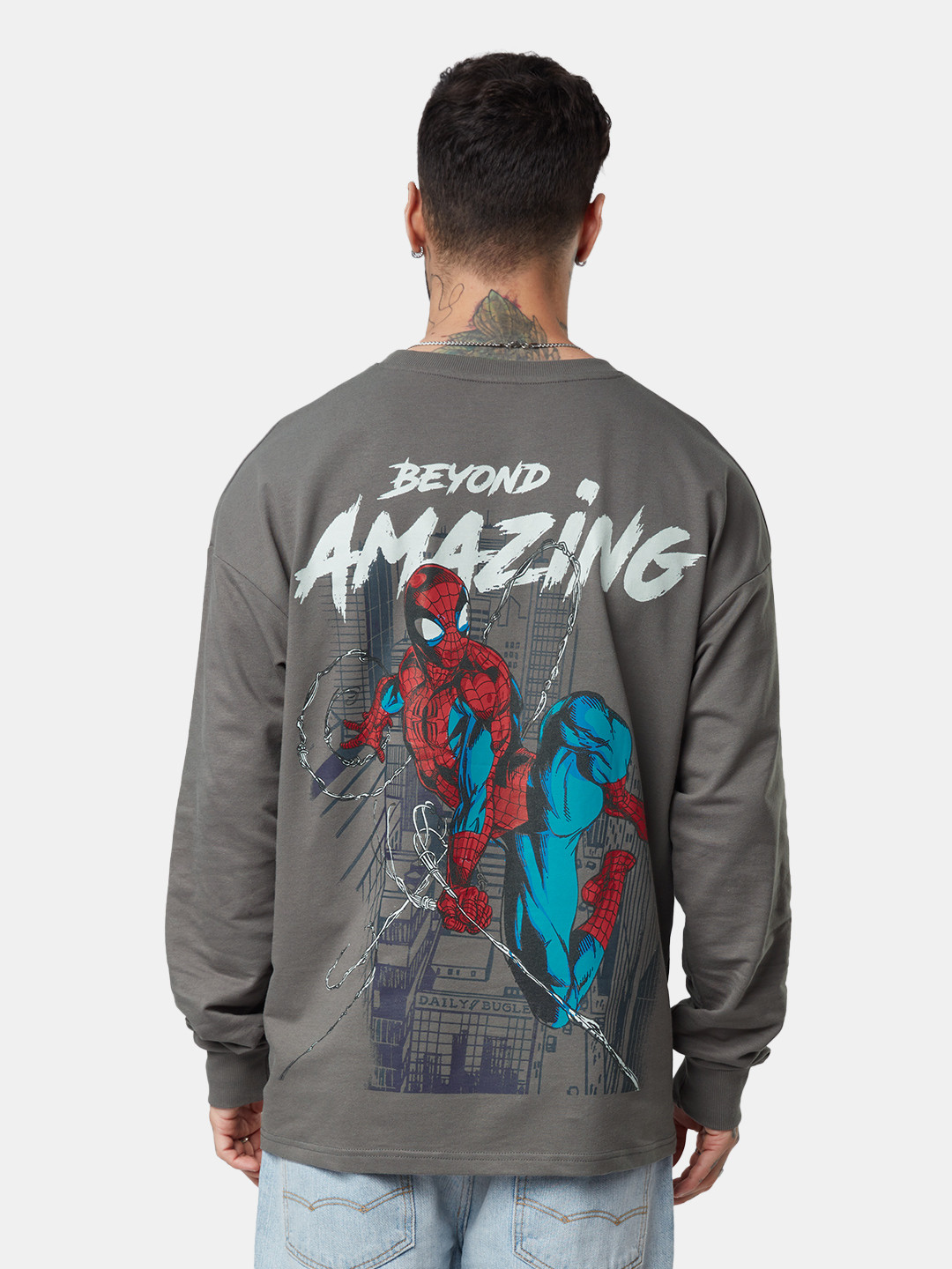 

The Souled Store Men Spider-Man Printed Pure Cotton Oversized T-Shirt, Grey