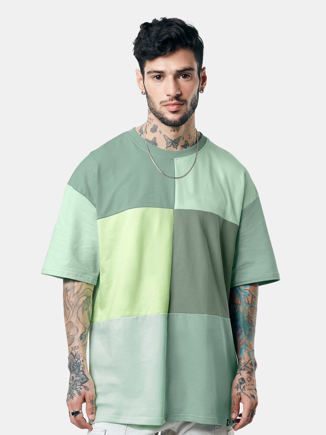 

The Souled Store Men Colourblocked Pure Cotton Oversized T-Shirt, Green