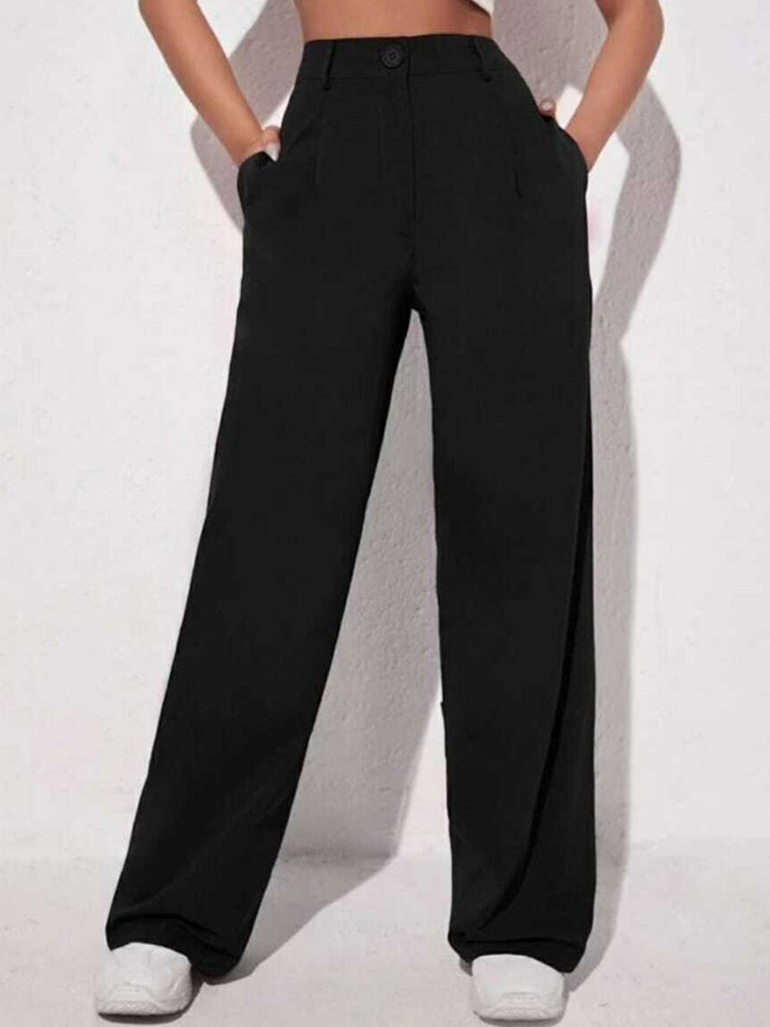 

BROADSTAR Women Relaxed Straight Leg Loose Fit High-Rise Easy Wash Pleated Trousers, Black