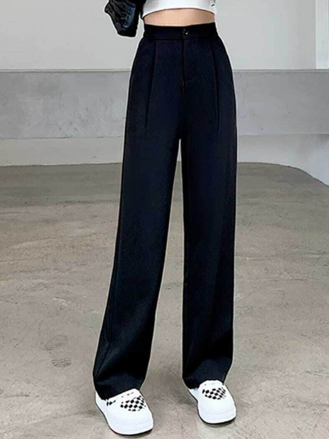 

BROADSTAR Women Relaxed Straight Leg Loose Fit High-Rise Easy Wash Trousers, Black
