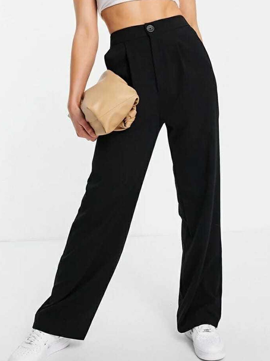 

BROADSTAR Women Straight Leg Loose Fit High-Rise Pleated Parallel Trousers, Black