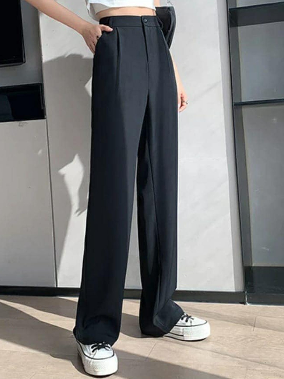 

BROADSTAR Women Relaxed Straight Leg Loose Fit High-Rise Easy Wash Trouser, Black