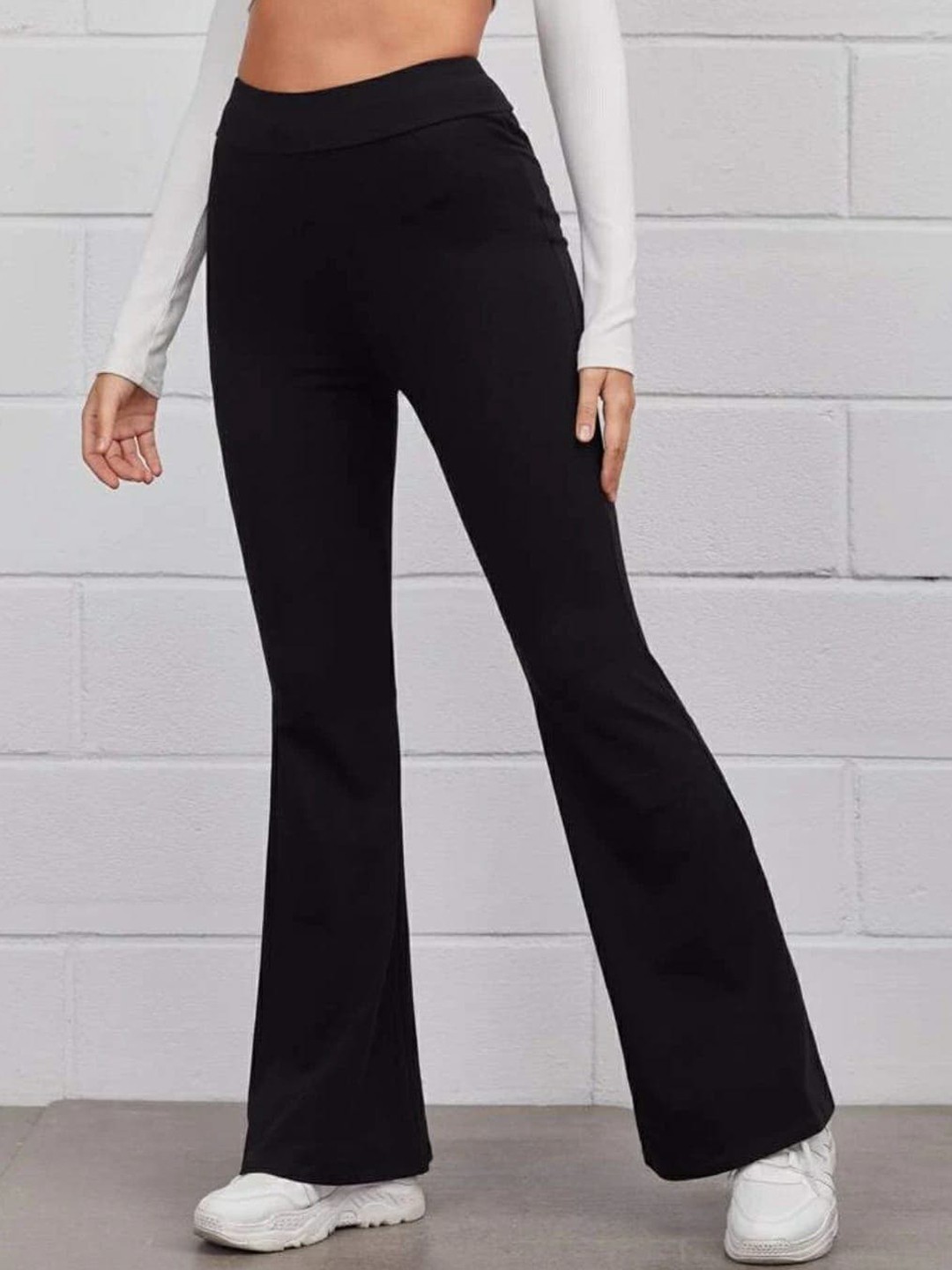 

BROADSTAR Women Relaxed Straight Leg Flared High-Rise Easy Wash Trousers, Black